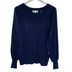 White Warren M NEW Rib Trimmed V Neck Sweater Navy Cotton Silk Blend
